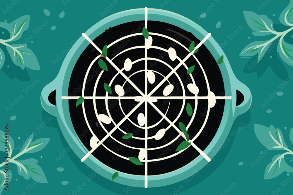 Poster create a visually striking image depicting a symmetrical food plating style featuring swirling, circ