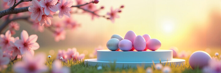 Dreamy pastel Easter eggs resting on a light blue pedestal amidst blossoming sakura branches at sunrise, symbolizing renewal and spring beauty.