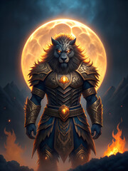 Fototapeta premium Mythic Berserker with Lion's Mane Armor, Golden Flames, and Moonlit Mist