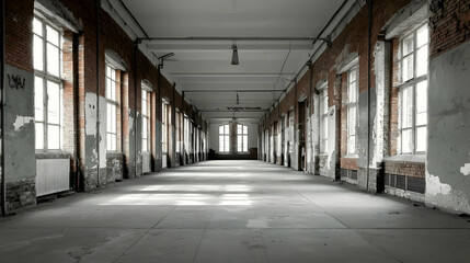 Long Abandoned Brick Hallway Interior With Multiple Windows and Faded Concrete Walls Under Natural Light