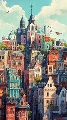 Obraz premium Colorful Cityscape: A Charming Architectural Illustration