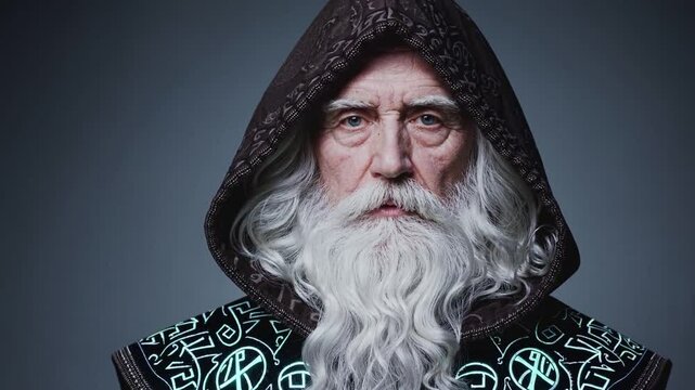 portrait of a wise old mage with a flowing white beard and intricate runes embroidered on their hooded cloak, gazing deeply as if lost in thought, isolated on a solid dark blue background 