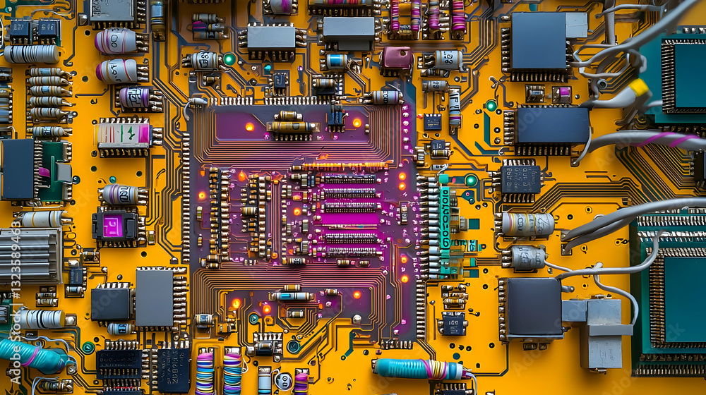 Poster detailed close up view of an illuminated circuit board with electronic components and wiring in yell