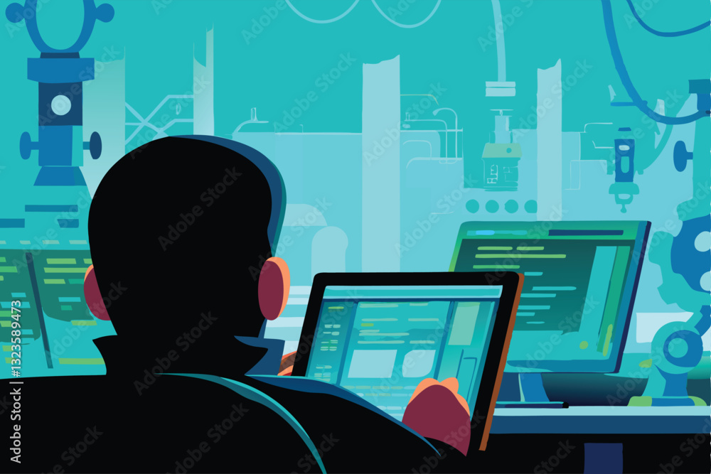 Poster vector illustration of a programmer intensely focused, hunched over a tablet, actively writing code.