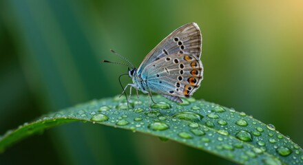 Obraz premium A photorealistic close-up of a butterfly landing on a dew-covered leaf in early morning light.