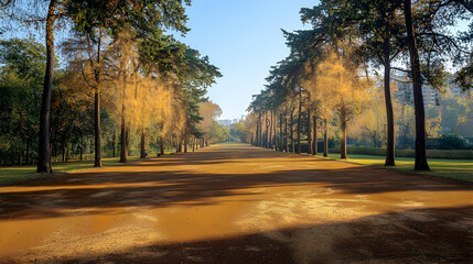 Obraz premium Avenue Of Trees Lined Pathway In A Park With Sunlight Casting Shadows On Brown Ground And Green Foliage