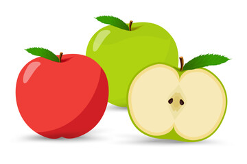A shiny red apple, a fresh green apple, and a sliced green apple showing its creamy interior and seeds. Each apple has a bright green leaf, adding a touch of freshness