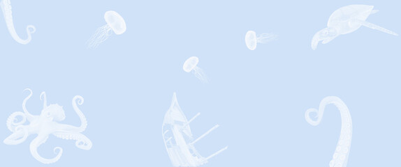 Obraz premium Soft Blue Underwater Ocean Creatures Pattern Background 