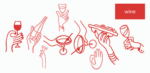 Isolated vector set of wine and alcoholic beverage glasses and tumblers. Hands. Hand drawn sketch.Red and black drawing on white background.Cocktails, martini, whiskey, cognac. Wine appetisers, cheese