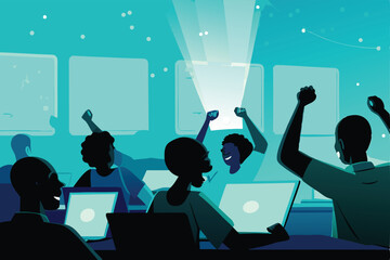 Create a vibrant vector illustration depicting a diverse group of people collaborating intensely at a bustling hackathon event, showcasing laptops, coding, and teamwork.