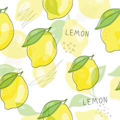 Fresh yellow fruits of lemon, lime, with green leaves and flowers. Seamless citrus texture on a white background. Whole lemon slice. Doodle Minimal Style. Black line. Vector illustration.