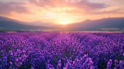 Fototapeta premium Lavender field at sunset with mountains in the distance under a soft pink sky