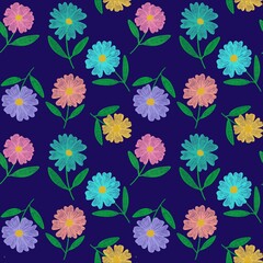 seamless pattern with flowers colorful on deep blue background 