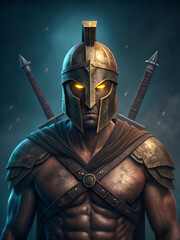 Fototapeta premium Ancient Spartan Warrior with Bronze Helmet and Dual Swords in Shadowy Blue Atmosphere