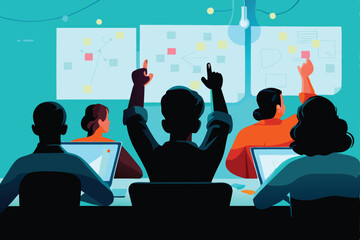 Create a vibrant vector illustration depicting a diverse group of people collaboratively coding at a bustling hackathon event. Show laptops, energy drinks, and a whiteboard.