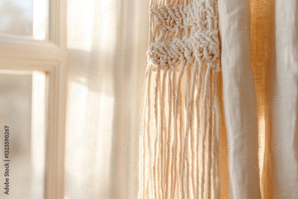 Poster softly woven macram threads create a dreamy bohemian-style curtain that hangs gently in front of a s