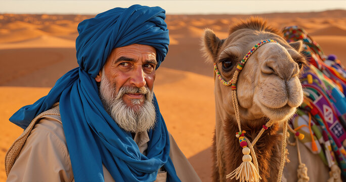 Vieil homme berb&egrave;re en tenue traditionnelle aux c&ocirc;t&eacute;s de son dromadaire dans le d&eacute;sert du Sahara