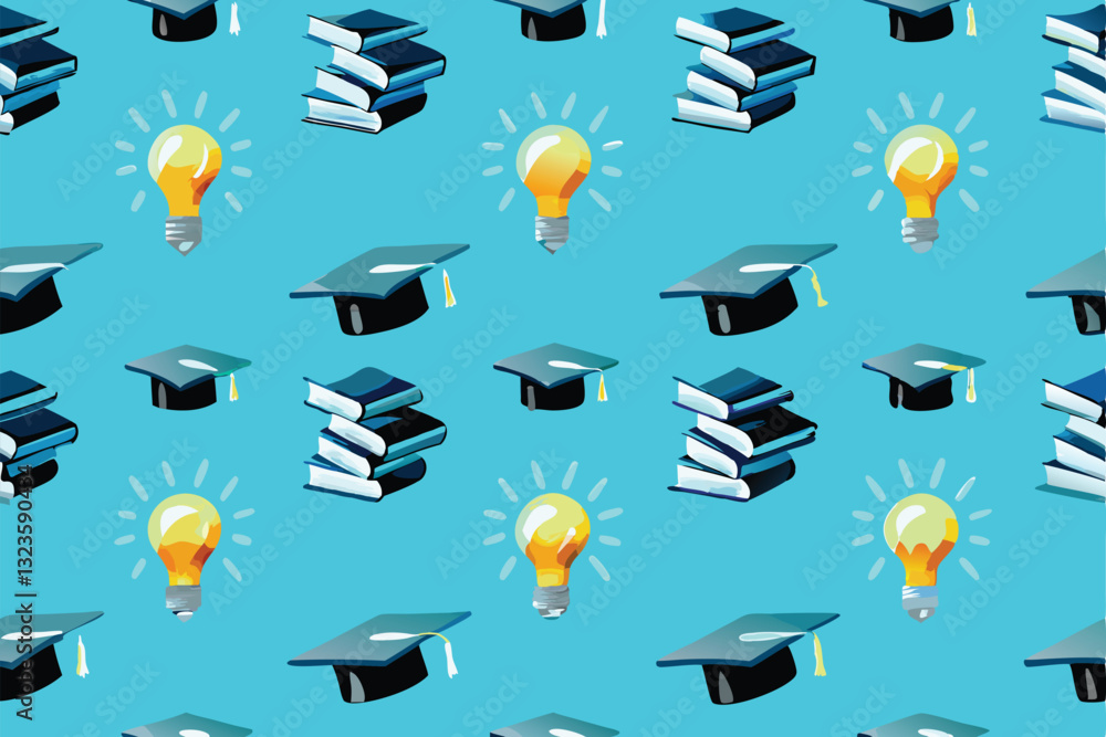 Poster create a vector pattern of miniature books forming a graduation cap design. include intricate detail
