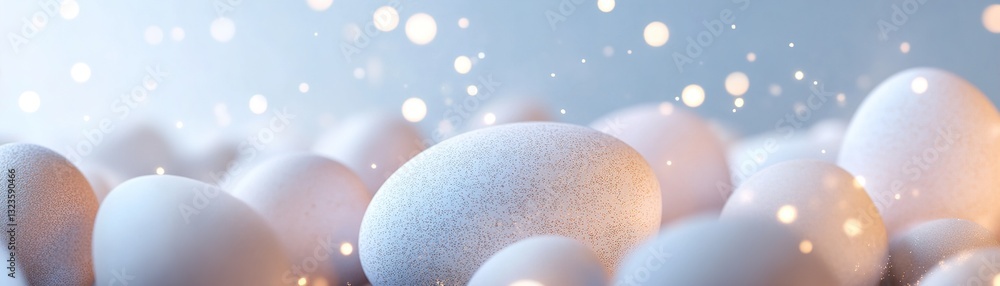 Poster in a twilight sky, softly glowing easter eggs float gracefully, creating a magical border. fireflies