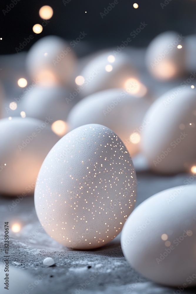 Poster softly glowing easter eggs create a whimsical border in a twilight sky, illuminated by shimmering fi