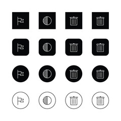 Minimalist icon set, black and white, user interface symbols, flag icon, contrast icon, trash can icons, square icons, rounded square icons, circular icons, outlined icons, simple geometric shapes,
