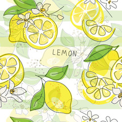Fresh yellow fruits of lemon, lime, with green leaves and flowers. Seamless citrus texture on a white background. Whole lemon slice. Doodle Minimal Style. Black line. Vector illustration.