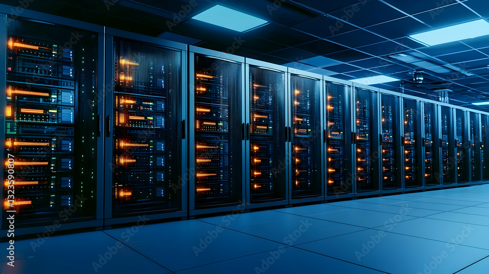 Poster blue lit server racks displaying data processing equipment in a modern tech room