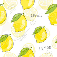 Fresh yellow fruits of lemon, lime, with green leaves and flowers. Seamless citrus texture on a white background. Whole lemon slice. Doodle Minimal Style. Black line. Vector illustration.