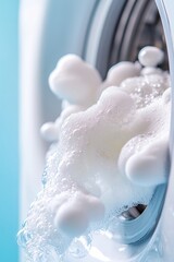 Thick soap suds overflow from a laundromat washing machine, captured in soft-focus to enhance the bubbly texture. The bright colors evoke a cheerful, lighthearted mood, inviting a sense of creativity