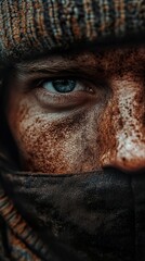 Close-up portrait of a man's weathered face, showing determination and strength.