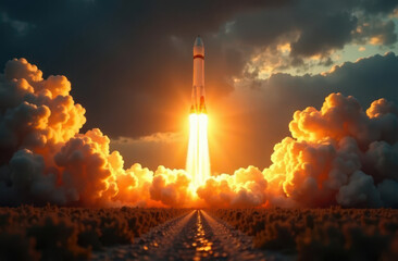 Fototapeta premium Military missiles launching in defense against impending attack at dusk