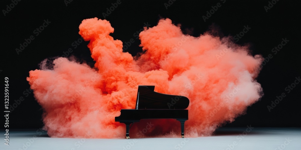 Poster chromatic disruption grand piano immersed in coral explosive color dynamics - cutting-edge arts fest