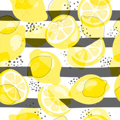 Fresh yellow fruits of lemon, lime, with green leaves and flowers. Seamless citrus texture on a white background. Whole lemon slice. Doodle Minimal Style. Black line. Vector illustration.