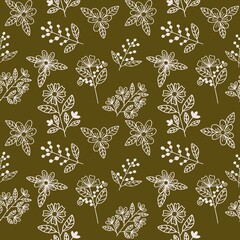 seamless pattern with flowers and leafs on light brown background 