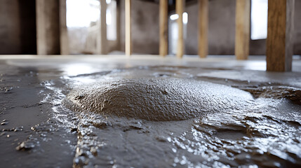 Freshly poured concrete forming a wet mound on a construction site