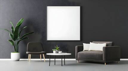 Fototapeta premium Modern Living Room Interior With Black And Grey Tones Armchair Sofa And Potted Plant With Empty White Picture Frame