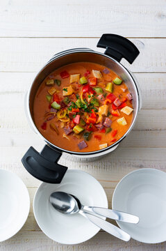 vegetable soup prepared in a steamer, ready to serve
