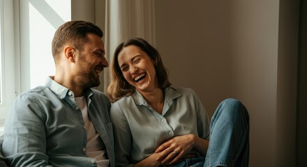 Happy couple laughing together at home by window