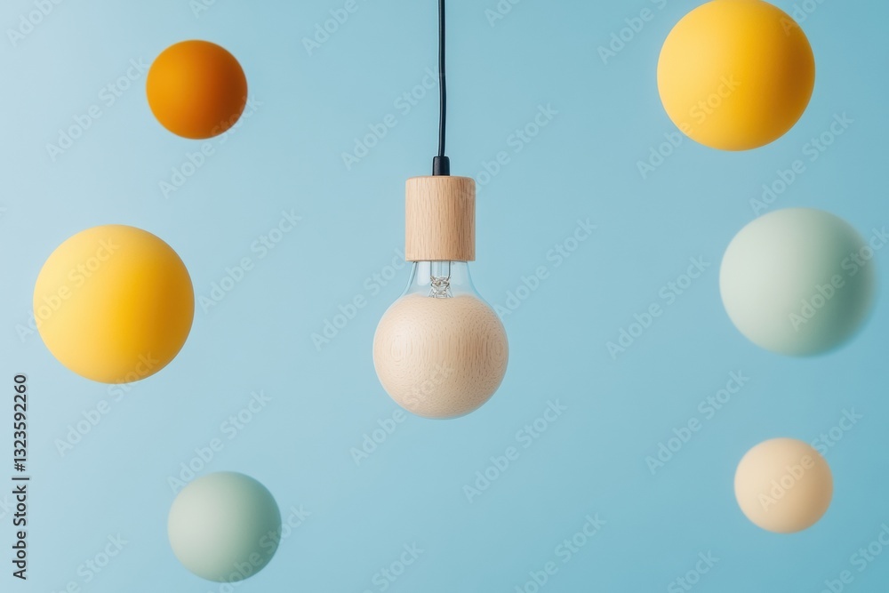 Poster minimalist innovation visualization suspended wooden lightbulb with floating spheres - creative conc
