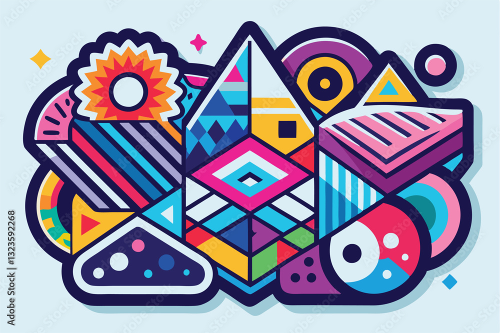 Aufkleber colorful vector illustration of various geometric shapes and playful elements arranged against a vib
