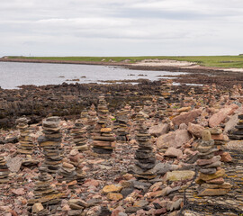 Cairns on beach at John O Groates, Highlands, Scotland, UK