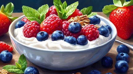 A bowl filled with yogurt, granola, blueberries, raspberries and a strawberry with mint leaves.

