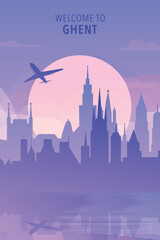Welcome to Ghent, Belgium. Gradient city poster, card with shapes of skyline, waterfront and airplane. Europe travel vector illustration, print, graphic