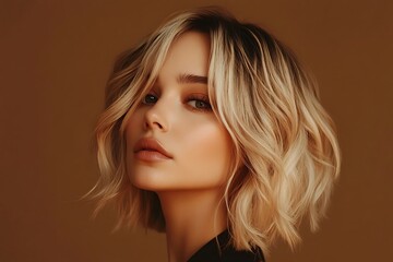 Naklejka premium Stylish blonde woman with a wavy bob haircut and balayage highlights, flawless makeup, and smooth skin, posing in a studio with a brown background. Beauty and fashion concept.