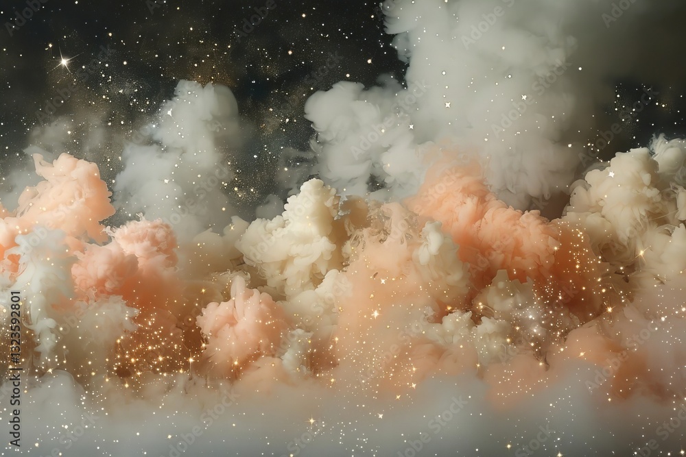 Poster captivating image of white smoke cloud blended with stars and realistic steam explosion, enhanced wi