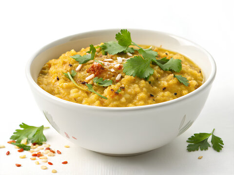 A bowl of traditional Indian khichdi made with lentils, rice, and spices, garnished with fresh cilantro and nuts on a white background.  
