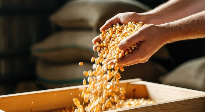 Hands holding corn kernels over wooden box, symbolizing agriculture and harvest season