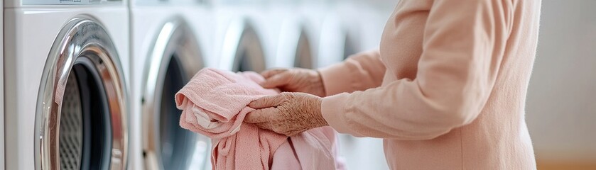An elderly woman meticulously folds freshly washed clothes in a laundromat, surrounded by the soft focus of spinning machines and warm lighting, creating a serene atmosphere