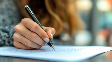 A person is focused on writing a message in a journal, holding a pen in her right hand