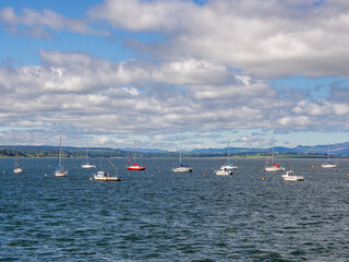 Pleasure craft moored at Cromerty Firth, Cromerty, Highland, Scotland, UK